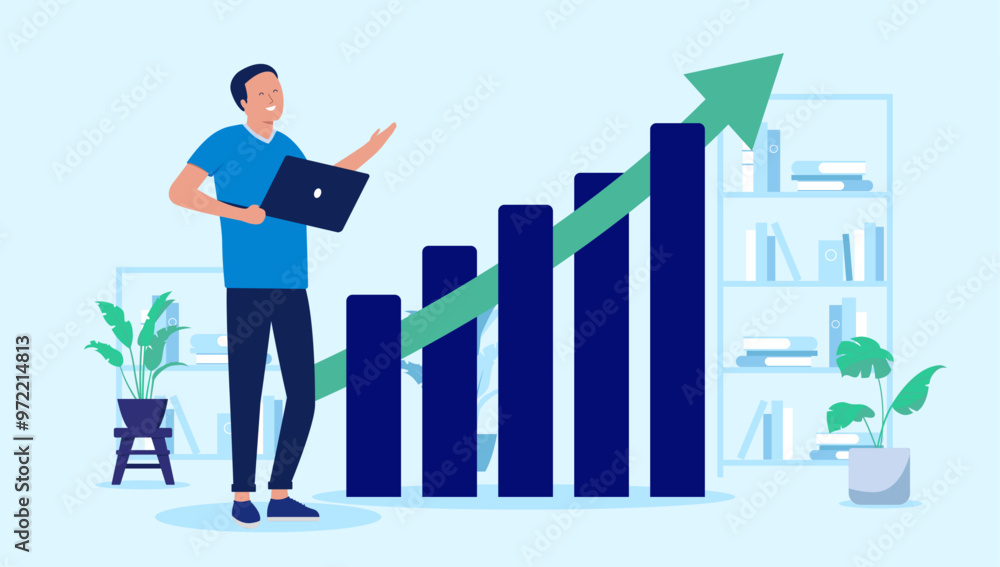 Poster man with rising graph - smiling person with laptop computer standing in front of diagram chart watch