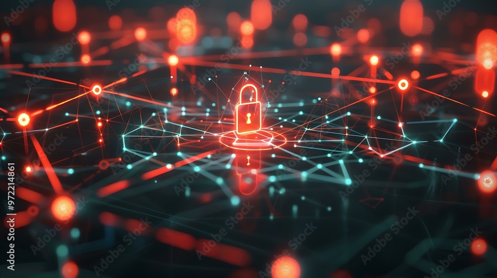Poster A 3D-rendered lock icon centered on a network of interconnected nodes representing secure digital data transfer