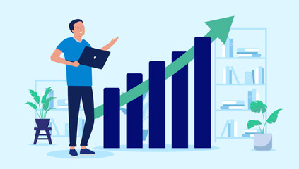 Man with rising graph - Smiling person with laptop computer standing in front of diagram chart watching growth and success, with green arrow pointing up. Flat design vector illustration