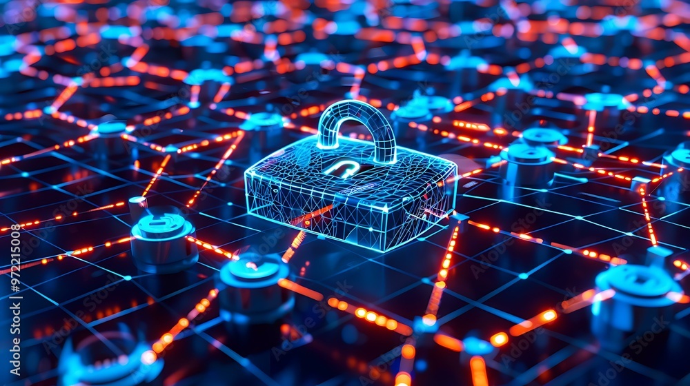 Poster A 3D-rendered lock icon centered on a network of interconnected nodes representing secure digital data transfer