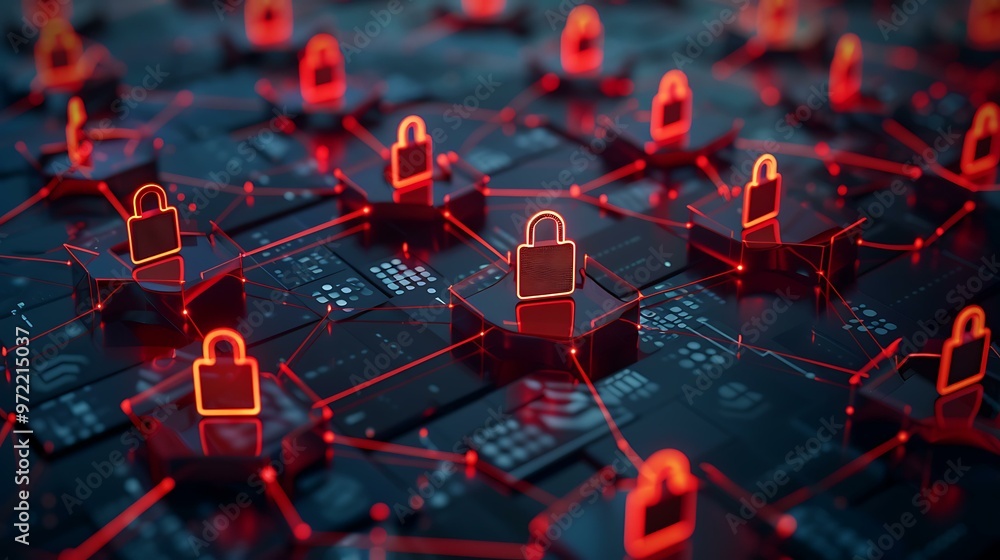 Poster A 3D-rendered lock icon centered on a network of interconnected nodes representing secure digital data transfer