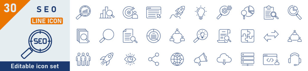 SEO - search engine optimization line icon set. Set of 30 outline icons related to seo, website, business, optimation and others. SEO outline icons collection. Vector illustration.
