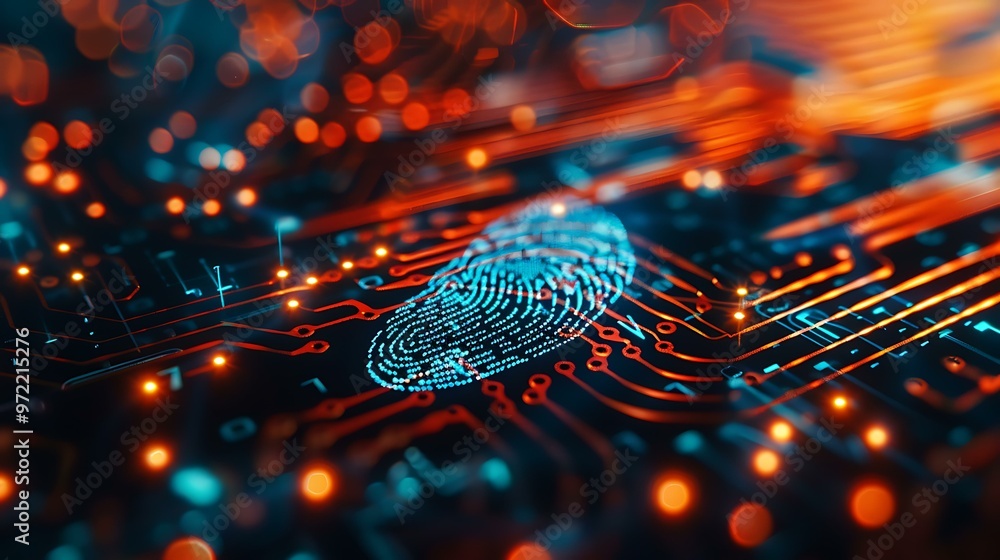 Poster a close-up of a virtual lock icon on a digital interface with a fingerprint scanner in the foregroun