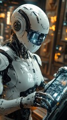 Fototapeta premium A futuristic robot interacting with a digital interface in a tech setting.