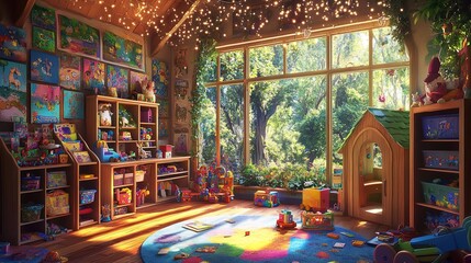 Obraz premium Whimsical Children's Playroom Poster: A Colorful Haven of Toys, Artwork, and a Charming Playhouse with Fairy Lights, Perfect for Inspiring Imagination in a Magical Forest Setting!