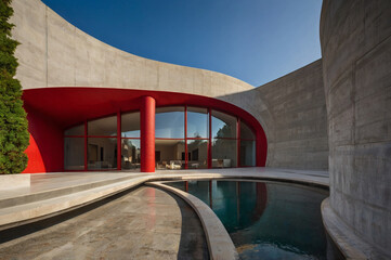 Red concrete renaissance house with curved lines.