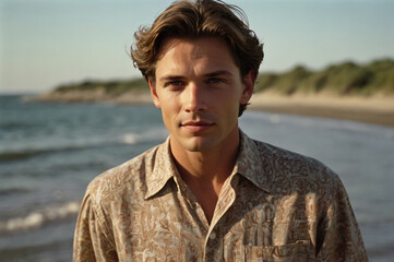 Photo of a handsome man in vintage shirt on the shoreline.