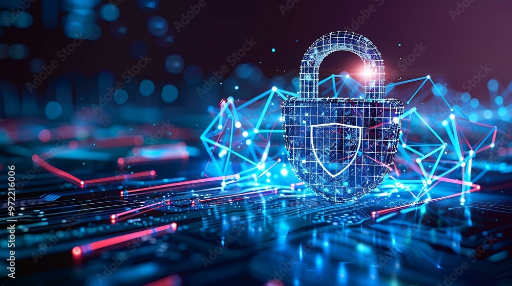 Poster a high-tech padlock with a shield emblem in front of a stylized global network, symbolizing global d