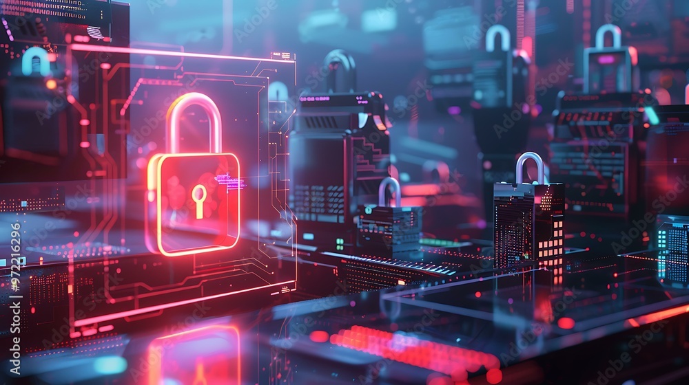 Poster a transparent padlock floating above a holographic screen with various security symbols in the backg