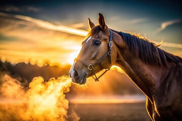 Obraz premium Breath vapor from horse mare backlit in early morning light