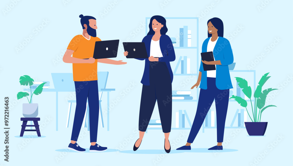 Aufkleber people working on laptops - team of three professional businesspeople in office standing, talking an