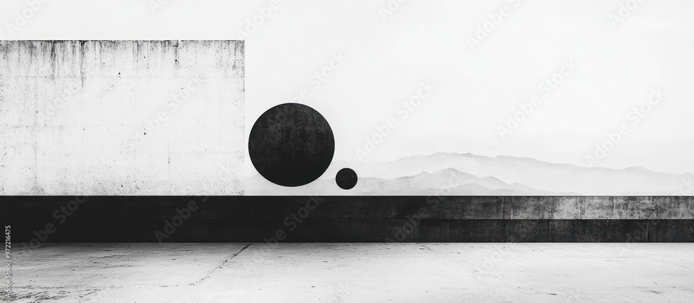 Poster Minimalist Concrete Wall with Black Circles and Mountains in the Background