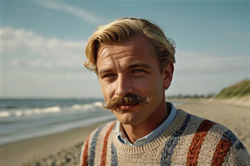 A blond man with a mustache in striped sweater on shoreline.