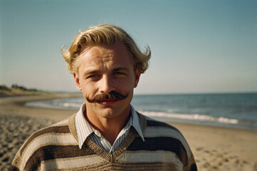 A blond man with a mustache in striped sweater on shoreline.