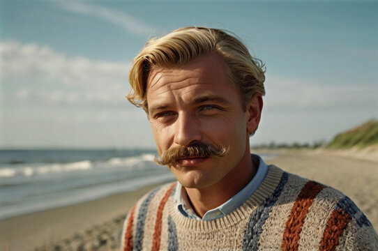 A blond man with a mustache in striped sweater on shoreline.