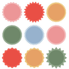 Badge star, sticker starburst shape, sale price tag, colorful sun, circle  label, round discount icon isolated on white background. Color vintage banner set. Vector illustration