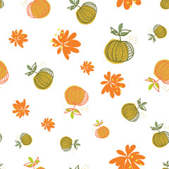 Rustic, Boho Seamless Pattern with Hand-Drawn Pumpkins, Leaves and Flowers, Orange and Yellow Organic Shapes in Autumn Wallpaper and Vintage Fall Floral Decorative Design.