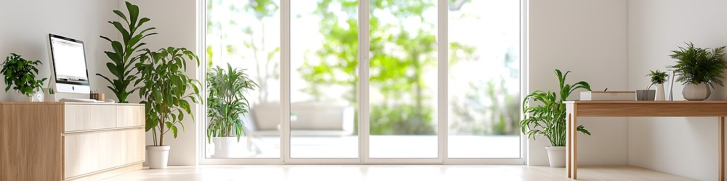 Spacious whit living room with woodn dsk and computr by larg windows.