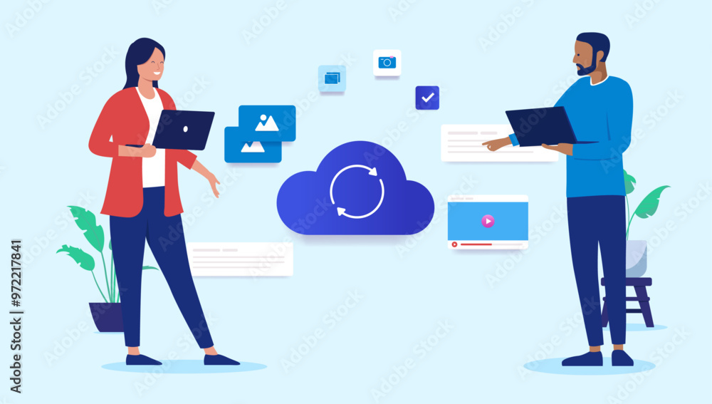Aufkleber working in the cloud - two businesspeople doing work and collaborating with cloud technology in offi