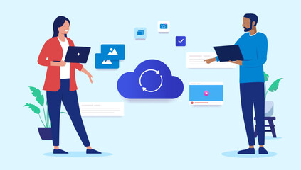 Working in the cloud - Two businesspeople doing work and collaborating with cloud technology in office workplace. Flat design vector illustration