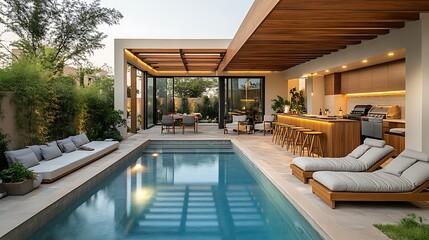 A contemporary BBQ setup next to a shimmering pool, featuring a wooden pergola, soft lighting, a bar with stools, and cushioned lounge chairs,