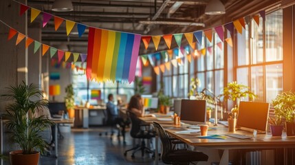 The office is filled with colorful decorations, including rainbow banners. Employees engage at their desks, illuminated by warm sunlight streaming through large windows