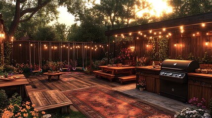 A cozy backyard BBQ setup with a large grill, wooden tables, a kids' play area with swings and games, surrounded by blooming flowers and greenery, illuminated by the soft golden light of sunset.
