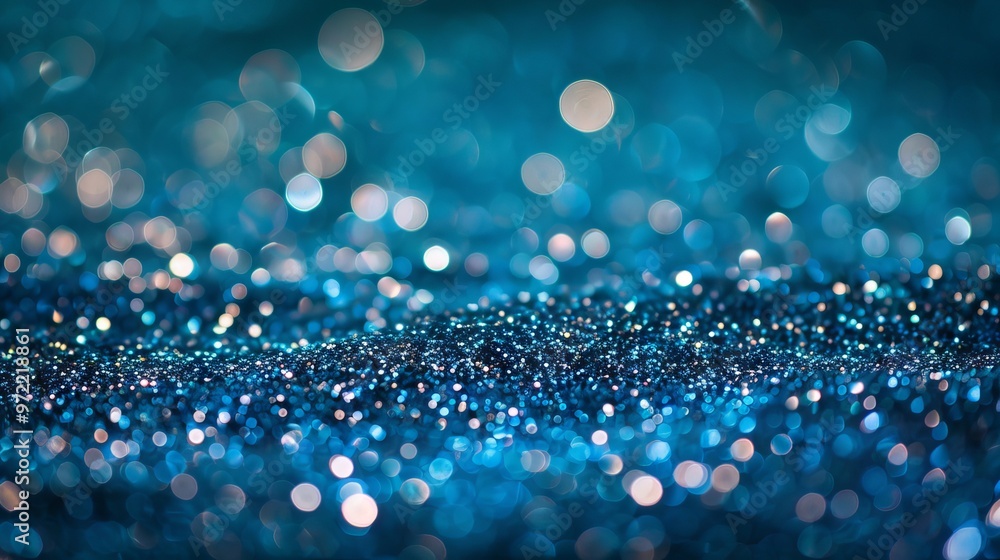 Poster abstract blue bokeh background with defocused glittering lights and blurred sparkling effect