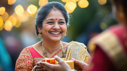 indian middle age woman laughing while receiving gift box on diwali
