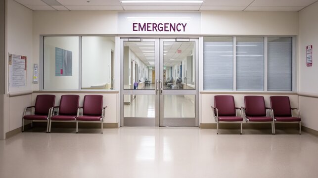 A serene view of an emergency room entrance, featuring waiting area chairs and clean, well-lit corridors ready for patients.