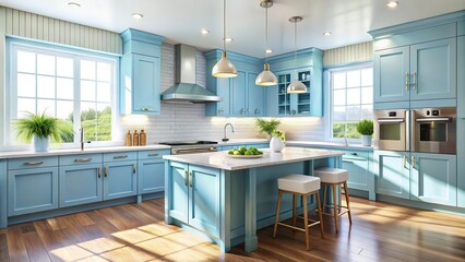 Bright kitchen with sky blue cabinets white quartz countertops and stainless steel appliances Sunlight pours through large windows Minimalist