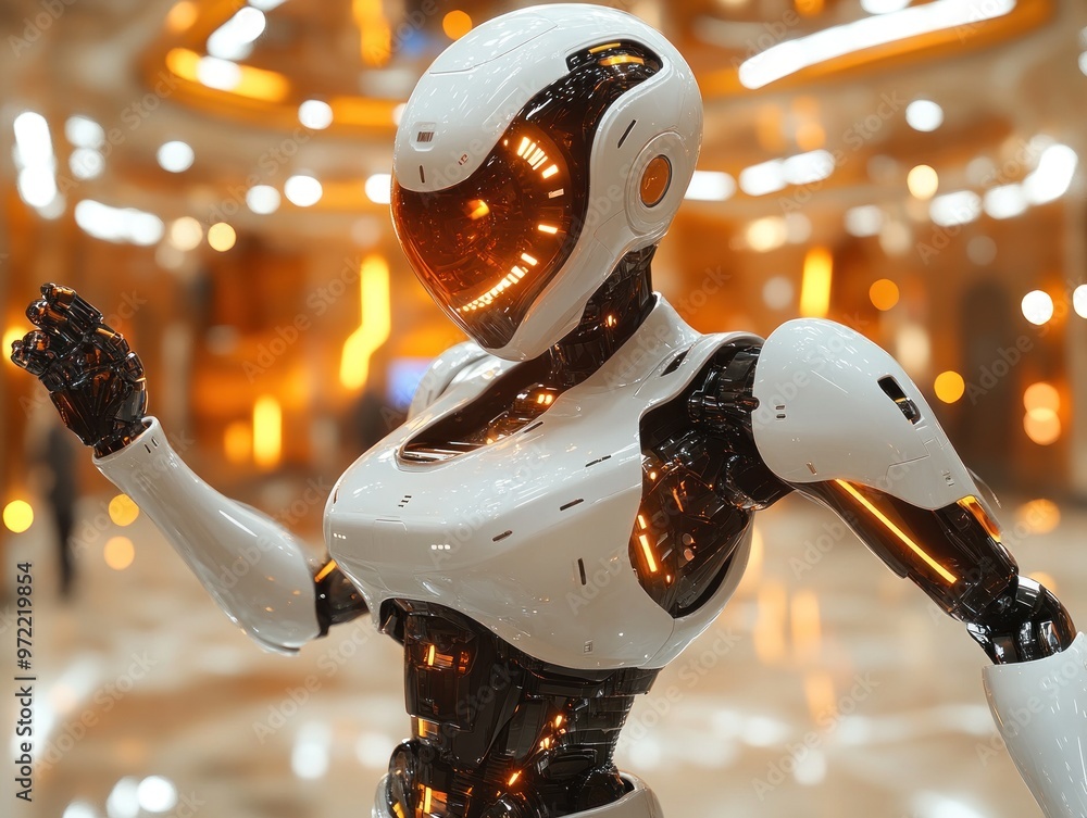 Aufkleber a futuristic humanoid robot with glowing elements in a modern setting.