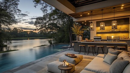 Obraz premium A cozy poolside BBQ area at night, illuminated by hanging lanterns and soft lighting, with a modern grill, bar stools, and plush outdoor seating, creating a relaxing atmosphere by the water.