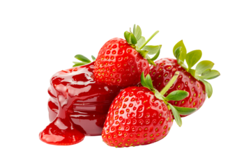 A jar of strawberry jam with whole and halved fresh strawberries around isolated on white transparent background. Concept of natural and homemade food