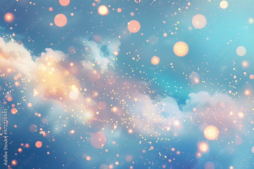 Poster sparkling blue bokeh light effect on a shining vector sky background for dreamy and elegant designs.