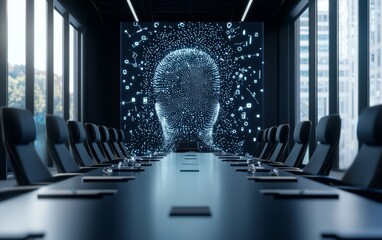 A futuristic boardroom where AI-powered holograms generate strategies for global customer service teams, blending technology and human interaction