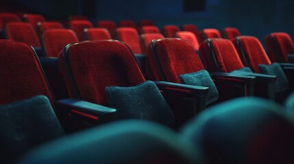 Fototapeta premium Rows of empty red theater seats, creating a cozy atmosphere for viewing performances.