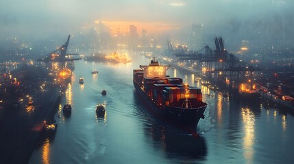 Obraz premium Cargo Ship Sailing Towards City Skyline at Dusk with Fog and Golden Reflections on Water.