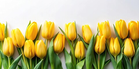 Bright spring floral composition of yellow tulip flowers on white background