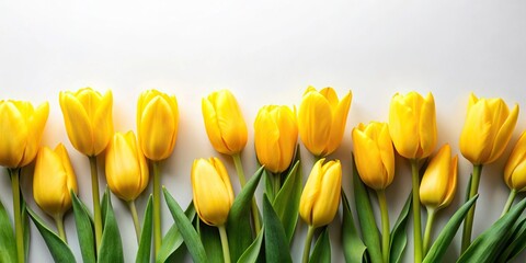Bright spring floral composition of yellow tulip flowers on white background from bird eye view