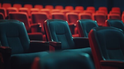 Fototapeta premium A dimly lit theater with rows of empty red and blue seats, ready for an audience.