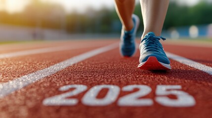 A close-up view of a runner's feet on a track during a sunny day, symbolizing fitness and determination for the year 2025.