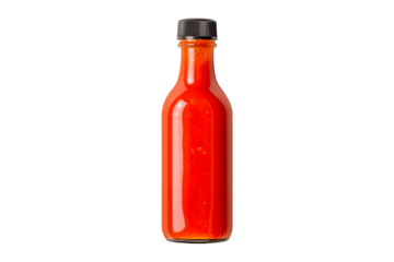 Closeup of dipping Sriracha sauce in glass bottle isolated on white transparent background. Concept of food, dip, condiment, and cuisine