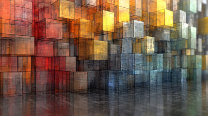 Abstract background of translucent cubes in a gradient of colors.