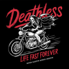 Grim Reaper on Sport Motorcycle with Horror Vintage Typography