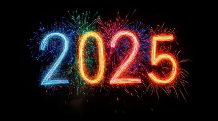 Vibrant fireworks illuminate the year 2025 in a colorful display, symbolizing celebration and joy for the upcoming new year.
