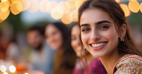 Naklejka premium young woman smiling while Indian Friends celebrating a diwali festival, gathered around a beautifully set table with traditional dishes and decorations.