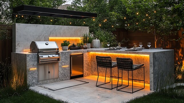 A full outdoor kitchen setup with a stainless steel grill, marble counters, a built-in fridge, and modern bar seating,