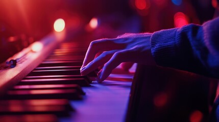 A close-up of a hand playing piano keys, illuminated by colorful stage lights.