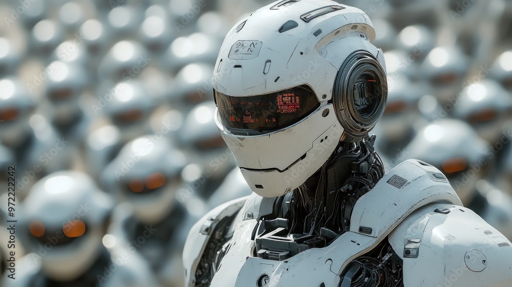 Poster a futuristic robot stands in front of a crowd of identical robots.